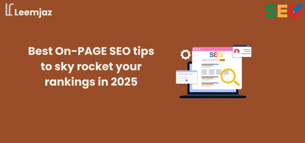 On-page SEO tips graphic featuring a laptop displaying a search engine results page with SEO optimization elements, illustrating strategies to boost rankings in 2025