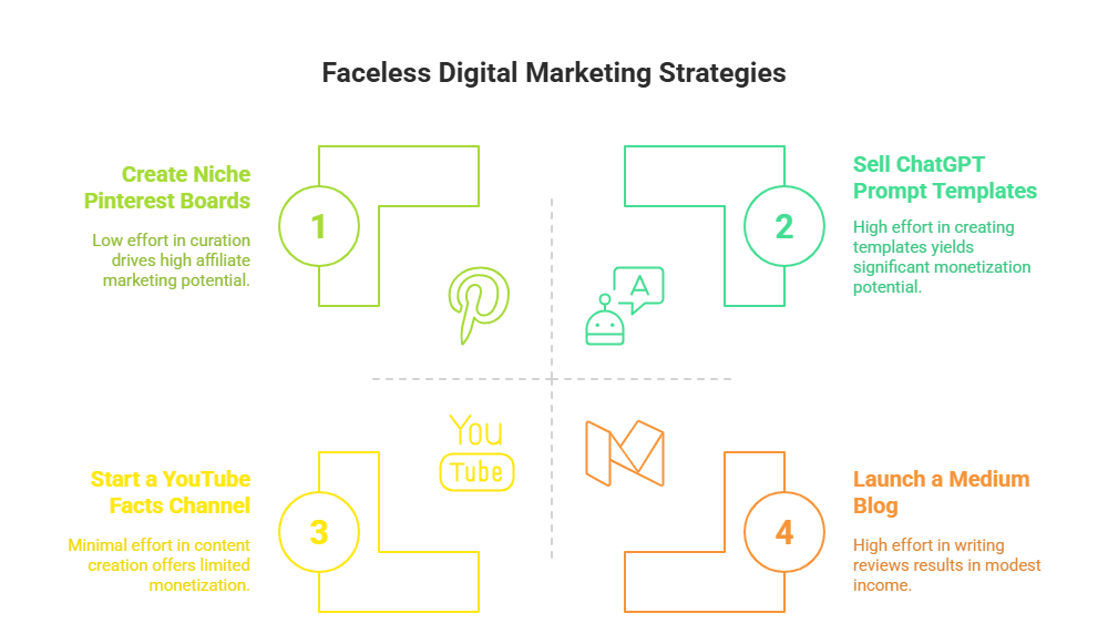 Faceless Digital Marketing Strategies: A visual chart showcasing four strategies for digital marketing without showing faces. The strategies include creating niche Pinterest boards (low effort, high affiliate potential), selling ChatGPT prompt templates (high effort, significant monetization), starting a YouTube facts channel (minimal effort, limited monetization), and launching a Medium blog (high effort, modest income). The image emphasizes the effort-to-reward relationship for each strategy.