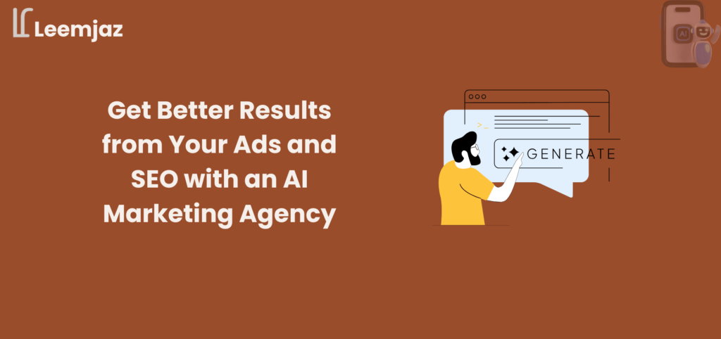 An illustration of a person working with a robot on a computer, symbolizing the collaboration between humans and AI in improving ads and SEO through an AI marketing agency.