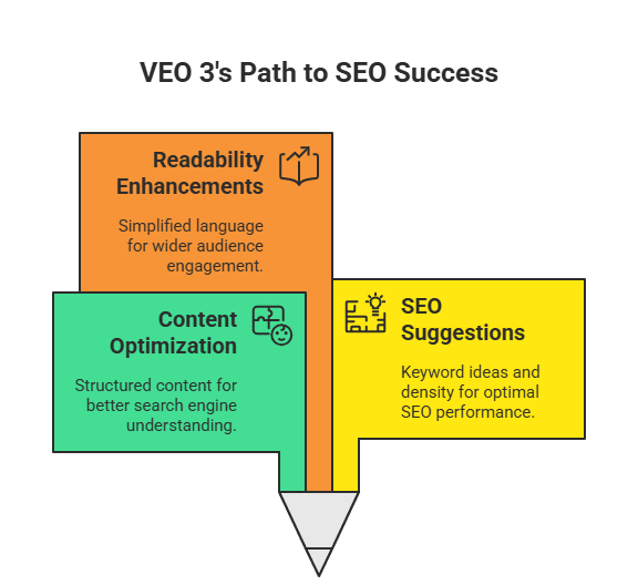VEO 3 SEO success pathway showing three essential components: Readability Enhancements for wider audience engagement, Content Optimization for better search engine understanding, and SEO Suggestions for optimal keyword density and performance.