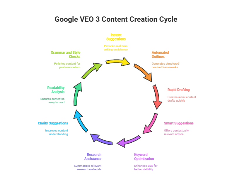 Google VEO 3 Content Creation Cycle illustrating various stages including research assistance, keyword optimization, grammar and style checks, readability analysis, clarity suggestions, instant suggestions, automated outlines, rapid drafting, and smart suggestions, all contributing to enhanced content creation and SEO visibility."