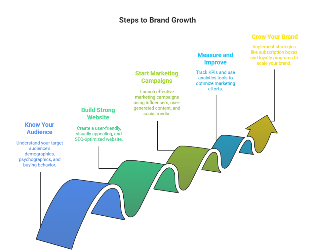 Steps to brand growth including audience analysis, website creation, marketing campaigns, measurement and improvement, and scaling strategies like loyalty programs.