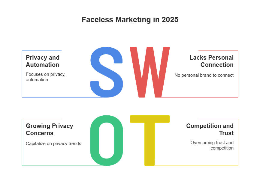 SWOT analysis of faceless marketing in 2025, showcasing strengths, weaknesses, opportunities, and threats in the digital marketing landscape. Focus on privacy, automation, growing privacy concerns, lack of personal connection, and overcoming competition and trust issues
