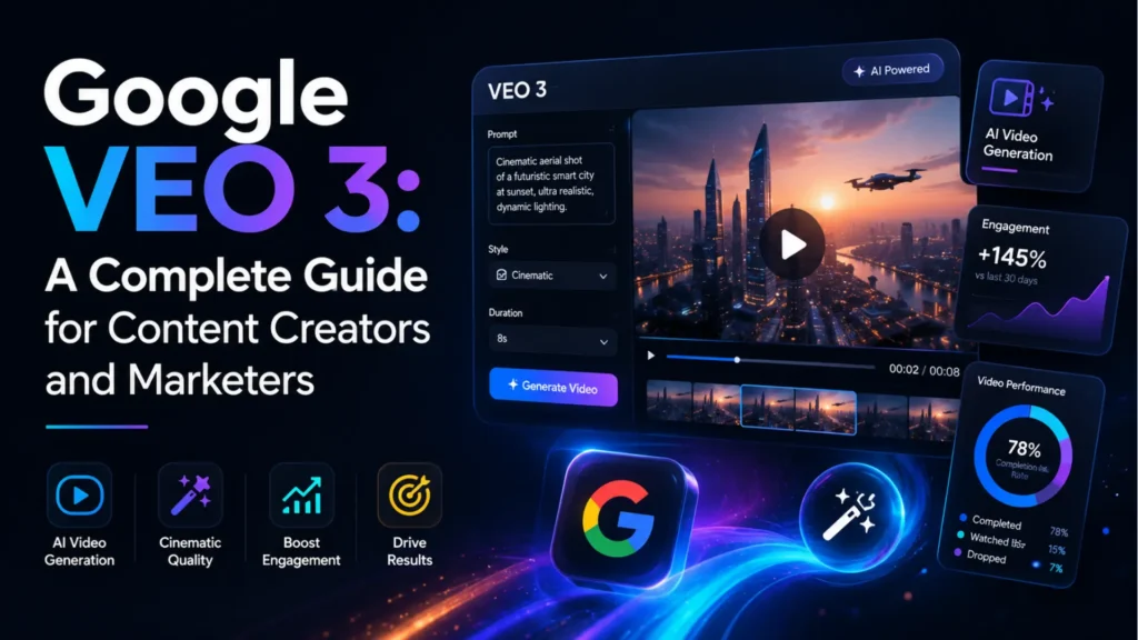 Leemjaz graphic showing a Google Veo 3 guide for content creators and marketers with AI video generation, cinematic quality, engagement growth, and video performance analytics