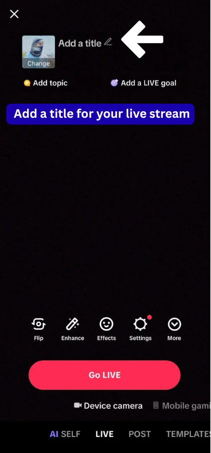 Set up your TikTok live stream by adding a catchy title and custom thumbnail before going live