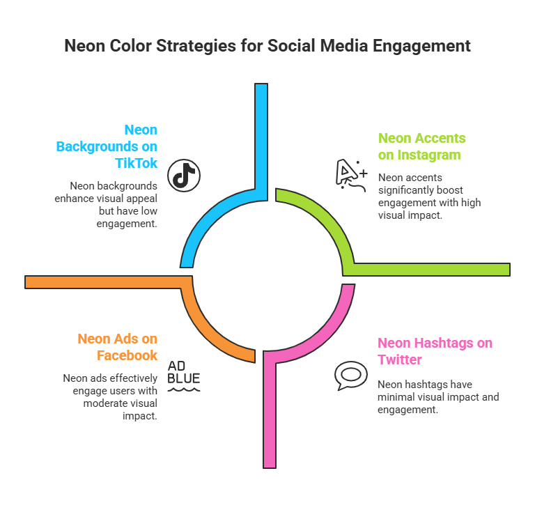 A circular diagram shows four strategies for driving social media engagement using neon colors, including visual contrast and integrating them into branding. The diagram illustrates effective application of neon colors to capture attention and boost interaction.