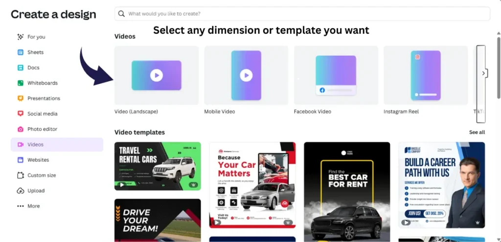 Canva dashboard showing video creation templates like landscape, mobile, Facebook, and Instagram reel—step-by-step interface for how to add music to your video on Canva.