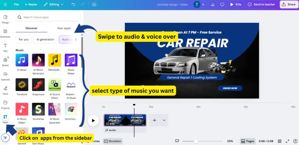 Step-by-step guide on how to add music to your video on Canva. Swipe to the 'Audio & Voice Over' section, click on 'Apps' from the sidebar, and select the type of music you want to use in your video