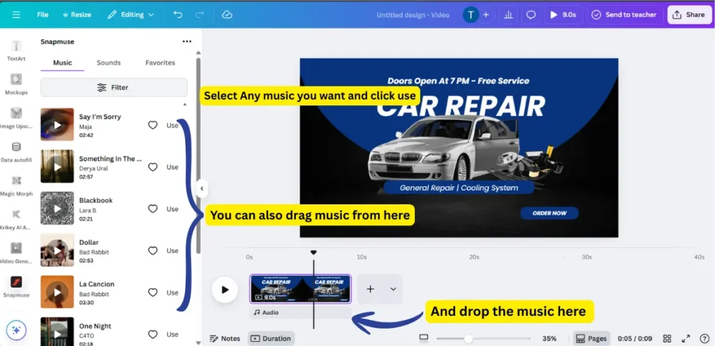Step-by-step guide on how to add music to your video on Canva. Select your desired music, click 'Use,' or drag the music directly into the timeline to add it to your video.