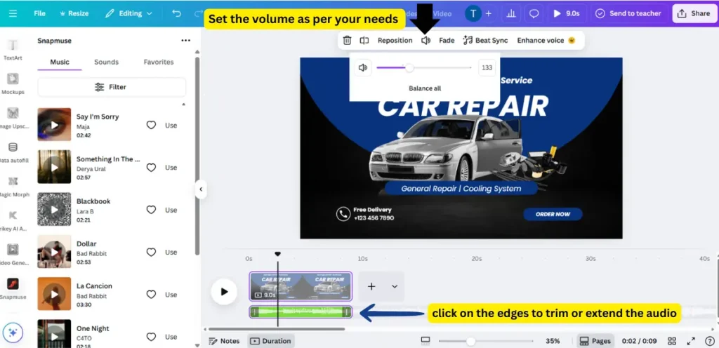 How to add music to your video on Canva: Adjust volume, trim or extend the audio by clicking on the edges, and apply settings like fade, beat sync, and reposition for a customized sound experience.