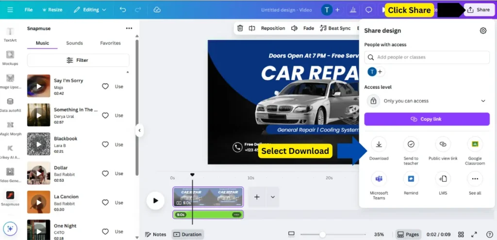 How to add music to your video on Canva: Step 6 showing the music library with options to select and apply music to your video design.