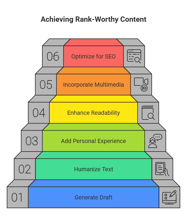 Step-by-step guide infographic showing best tools to humanize AI text, including Surfer AI, StealthGPT, Grammarly, and Canva.