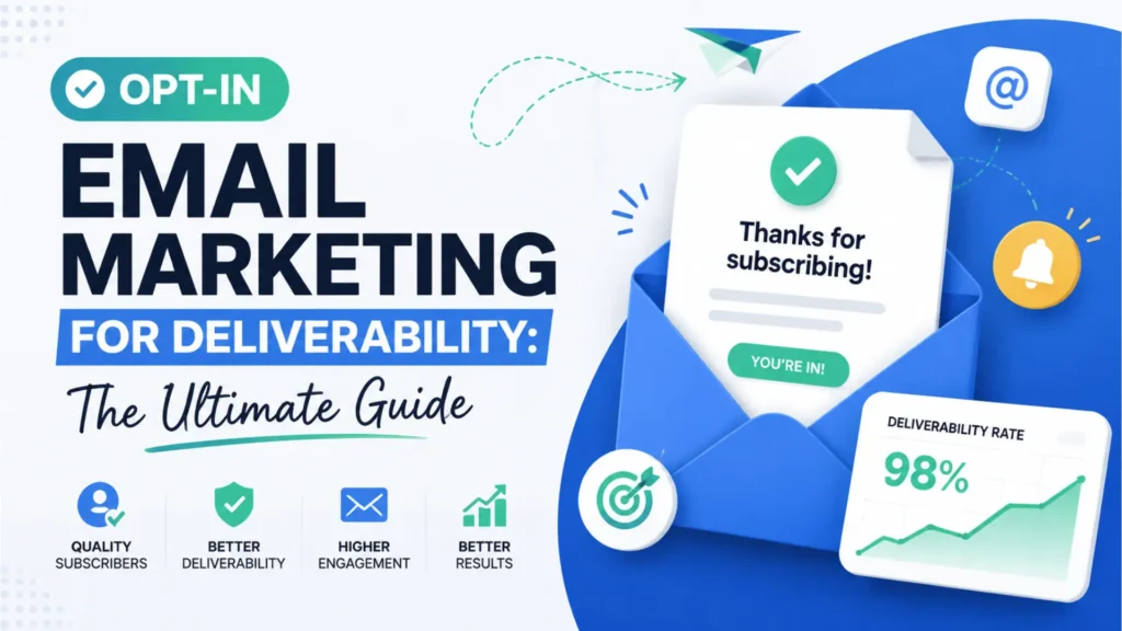 Opt-in email marketing guide graphic showing a blue envelope, subscription confirmation, and 98% deliverability rate chart.