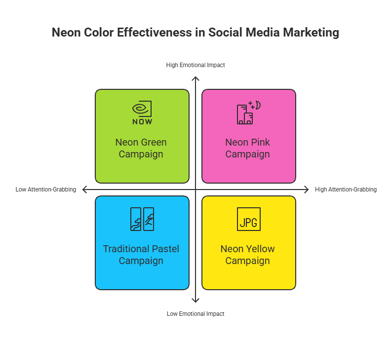 A 2x2 matrix categorizes social media campaigns based on impact and risk, highlighting why neon colors are effective in marketing. It compares campaigns, showing how neon colors can offer high impact despite varying risk levels.
