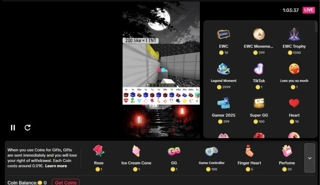 TikTok live stream with viewers sending virtual gifts to the creator as a form of support and engagement.