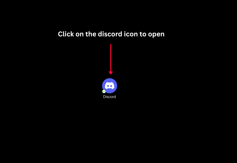 Step one in how to delete a discord server: a desktop screen showing the Discord application icon highlighted with a red arrow pointing at it, and text above reading 'Click on the discord icon to open'.