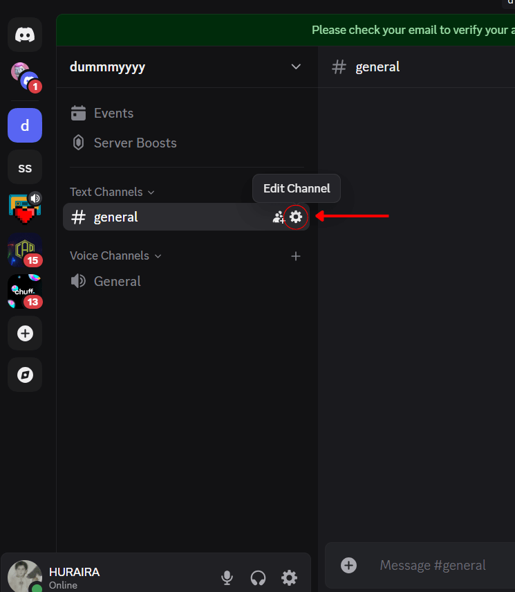 Step three in how to delete a discord server: the Discord interface with a red arrow pointing to the gear icon next to the #general text channel, showing where to click to edit channel settings