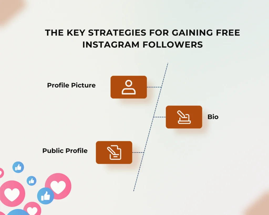 Infographic showing the key strategies for gaining free Instagram followers, including tips on optimizing your profile picture, bio, and making your profile public.