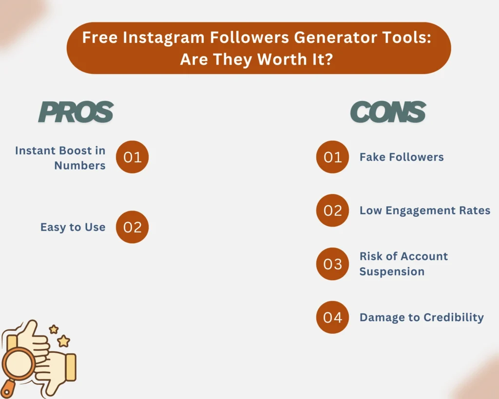 Infographic showing the pros and cons of free Instagram followers generator tools, including benefits like instant boost in numbers and ease of use, and drawbacks like fake followers, low engagement rates, and the risk of account suspension.