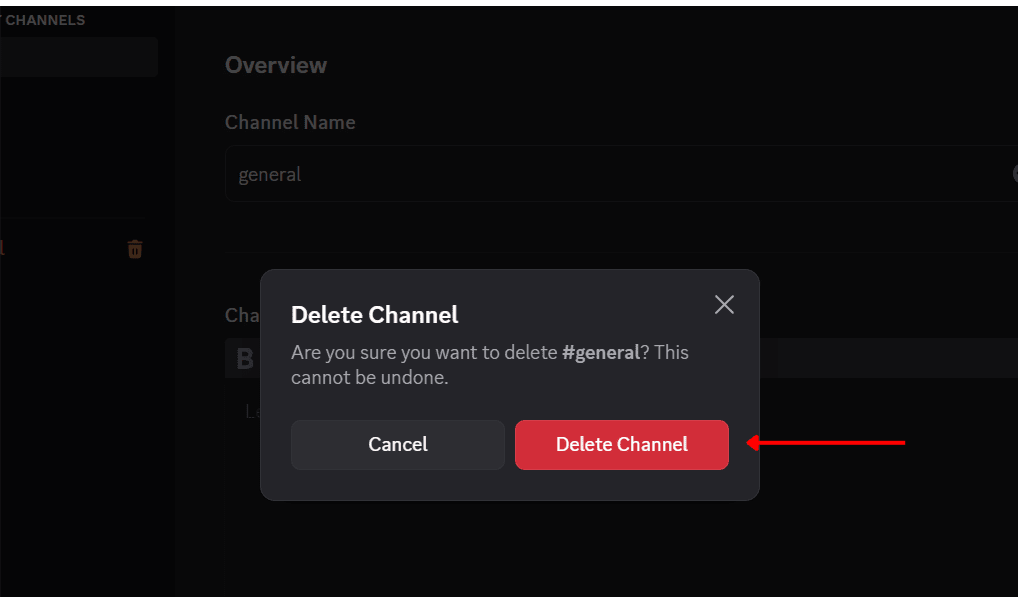 A confirmation pop-up for deleting the "general" channel in Discord. The message asks for confirmation, and the user is prompted with options to either cancel or delete the channel permanently by clicking the red "Delete Channel" button, explaining how to delete a Discord server.