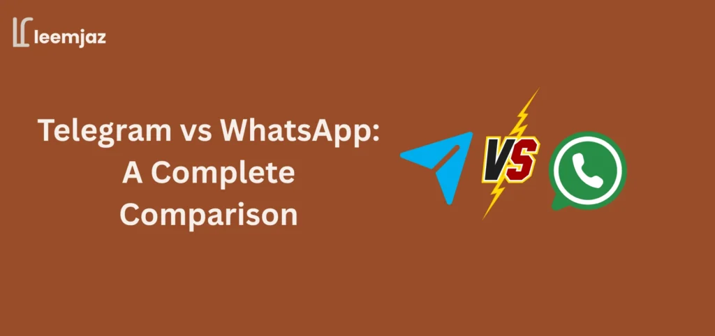 Telegram vs WhatsApp complete comparison banner showing Telegram and WhatsApp logos with VS symbol by Leemjaz.