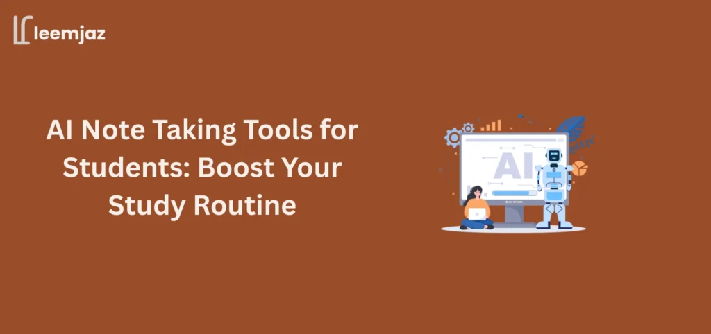 AI note taking tools for students illustration with robot and student studying on laptop, promoting better study routines