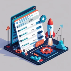 A digital marketing agency's SEO services represented through an illustrated scene with a rocket launching from a laptop screen displaying SERP (Search Engine Results Pages). The image highlights the importance of boosting rankings and traffic with advanced strategies and tools.