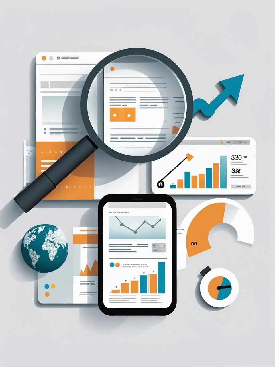 An illustration of SEO services and digital marketing agency analytics. It shows a magnifying glass over web pages and mobile devices with growth charts, statistics, and a world map, emphasizing data analysis in digital marketing