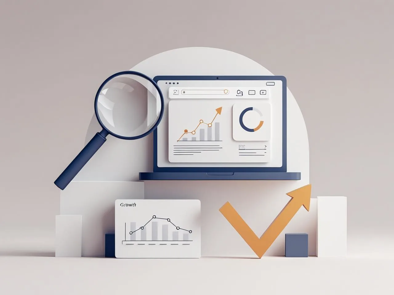 An illustration representing SEO services and digital marketing agency growth. The image features a laptop displaying graphs and charts with an upward arrow symbolizing business growth. A magnifying glass highlights the analytics, emphasizing the importance of data-driven strategies in digital marketing