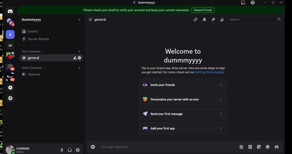 Step two in how to delete a discord server: the main Discord interface displaying a server named 'dummmyyyy', with the welcome screen in the main panel and text and voice channels listed in the sidebar.