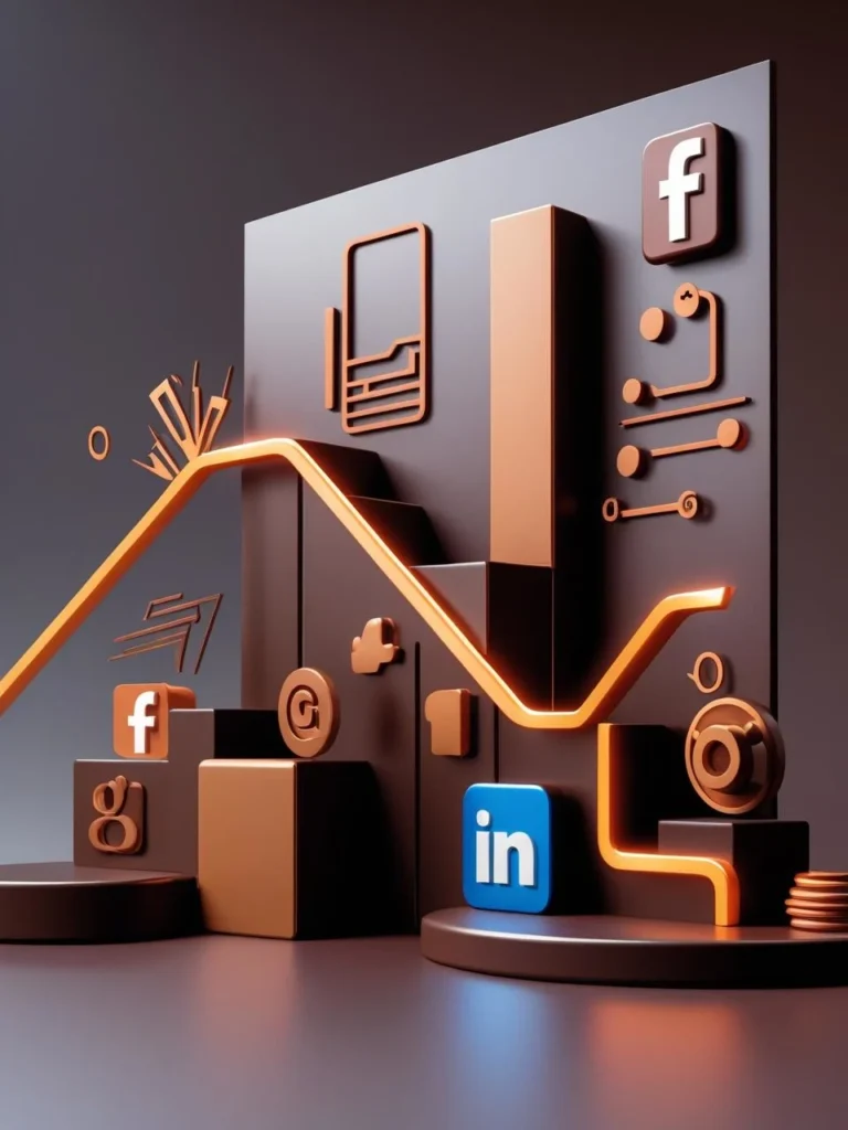 The image shows a modern, 3D abstract design representing social media marketing. Various icons from popular platforms like Facebook, Google, and LinkedIn are depicted in a minimalist, geometric style. The design includes vibrant orange accents against dark tones, symbolizing growth, engagement, and digital strategy. The visual elements convey the dynamic nature of social media marketing and its integration into brand strategies