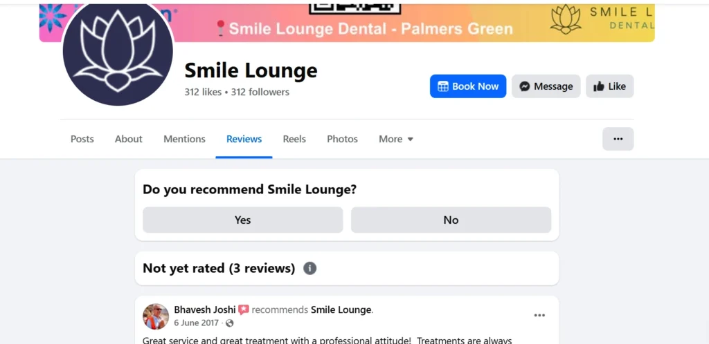 Facebook page for Smile Lounge with a review section asking users if they recommend Smile Lounge. The page displays a positive review from Bhavesh Joshi about the service and treatment, with options to select 'Yes' or 'No' for recommendation.