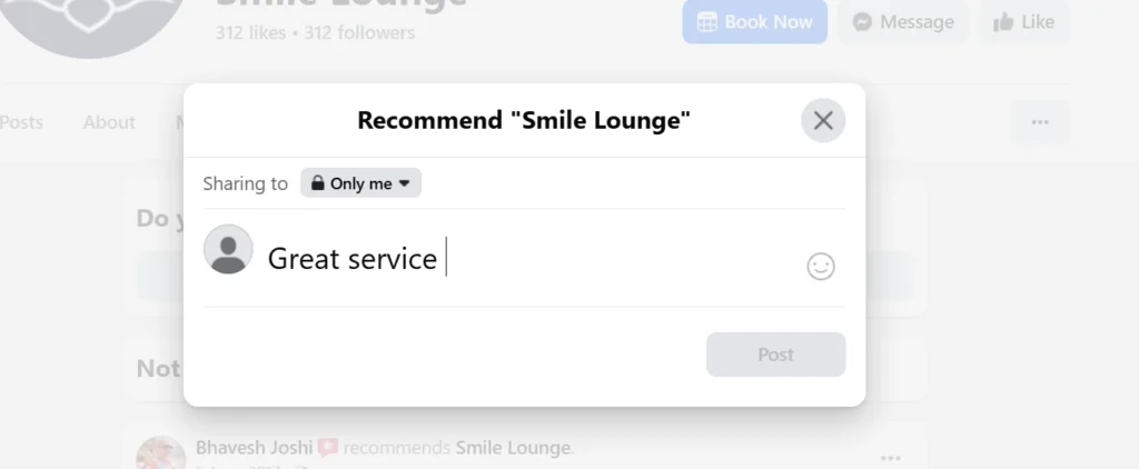 How to leave a review on Facebook: Screenshot showing a user writing a positive recommendation 'Great service' with sharing options set to 'Only me' on the Facebook platform