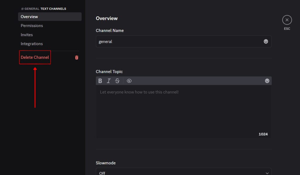 A screenshot showing the "Delete Channel" option in the settings of a Discord server. The option is highlighted with an arrow, indicating where to find it under the "Overview" section for deleting a channel, showing how to delete a Discord server.