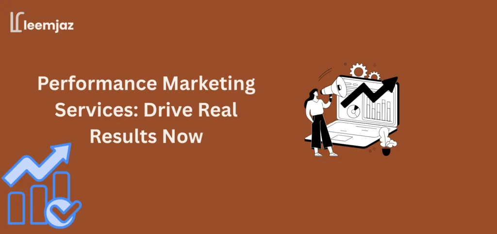 Performance marketing services: A professional illustration showing a person holding a megaphone next to a laptop with data graphs, emphasizing growth and real results through performance marketing strategies.