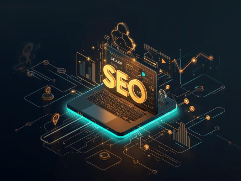 A sleek, futuristic digital illustration representing SEO — glowing search engine icons, analytics dashboard, upward growth graphs, and interconnected backlinks around a website in 3D space. Use a dark, blackish-brown color palette with subtle gold, teal, and blue highlights for contrast. Add soft gradients and ambient lighting for depth. The overall tone should feel premium, modern, and tech-inspired — perfect for a digital marketing agency banner. Focus on visuals with minimal or no text.