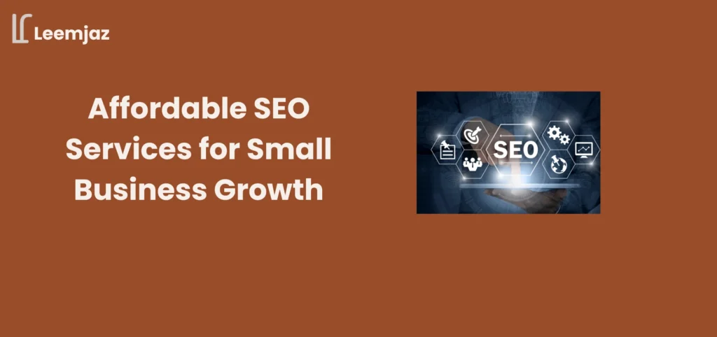 A digital marketing graphic showing icons related to SEO strategy and a hand holding a glowing tablet, representing affordable SEO services for small business growth.