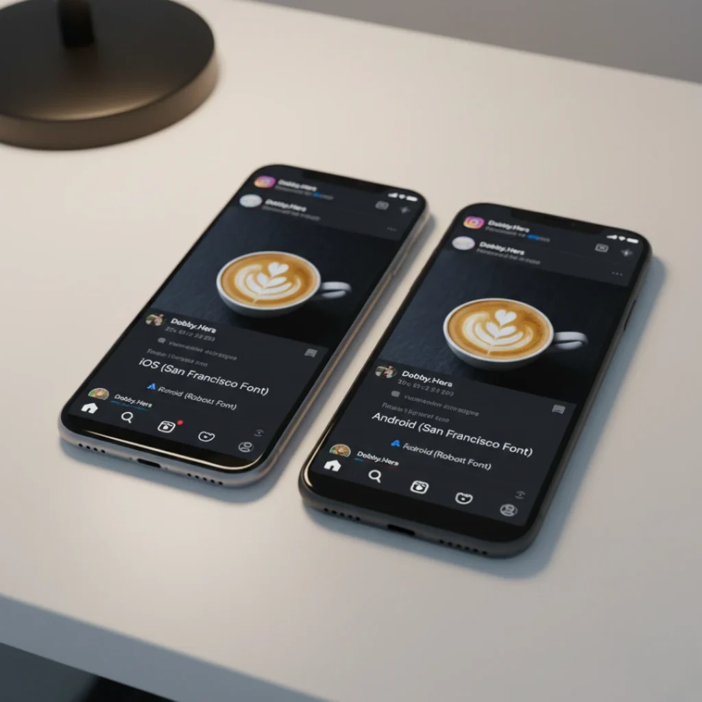 Comparison of Instagram caption fonts: SF Pro on iOS (iPhone) and Roboto on Android, showing system font differences.