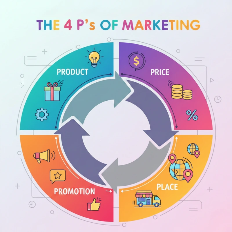 The 4 Ps of marketing diagram showing product, price, promotion, and place for business growth strategy.