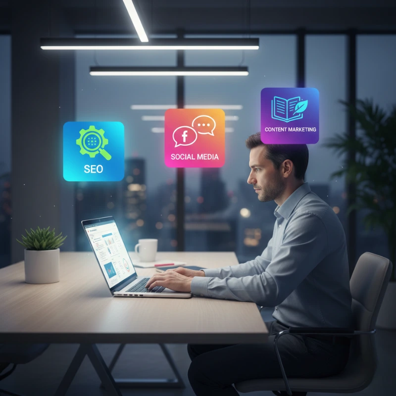 Digital marketing fundamentals in action including SEO, social media, and content marketing for business growth.