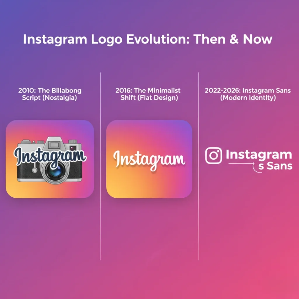 Historical timeline of Instagram logos: 2010 Billabong, 2016 flat design, and 2022-2026 Instagram Sans wordmark.