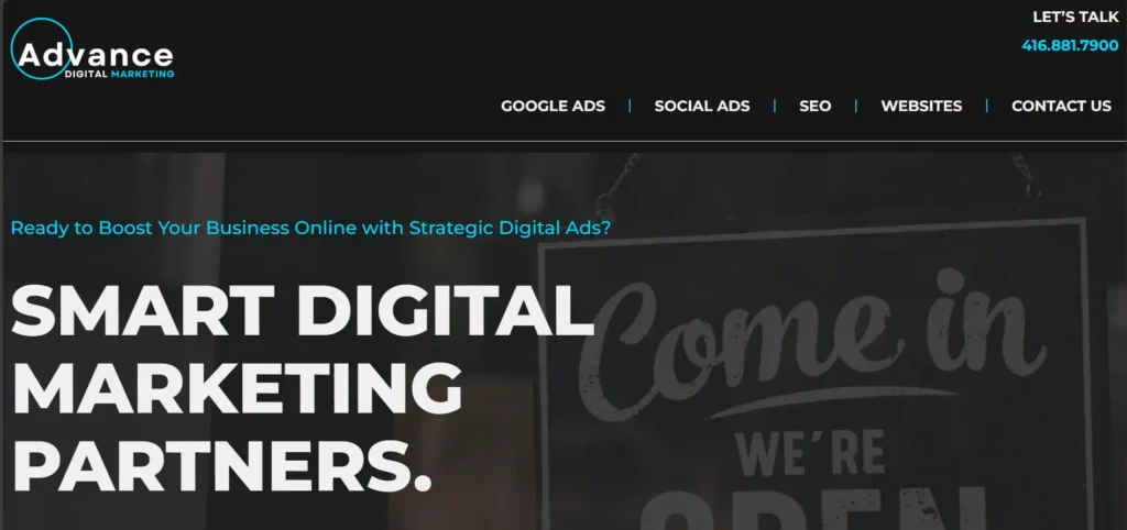 AdVance Digital homepage highlighting e-commerce focused Facebook Ads and influencer marketing services.