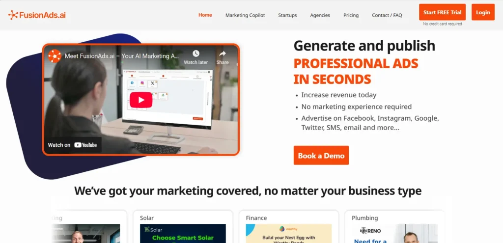 Fusion Ads homepage showcasing large-scale enterprise Facebook Ads and marketing automation solutions.