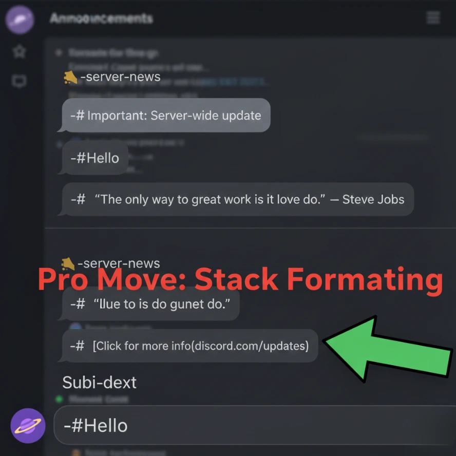 Example of small text Discord stack formatting showing server news announcements with subtext and tiny text styling.