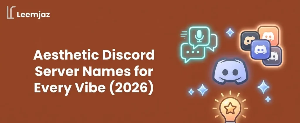 Aesthetic Discord server names banner for every vibe 2026 with Discord logo and neon community icons on brown background.