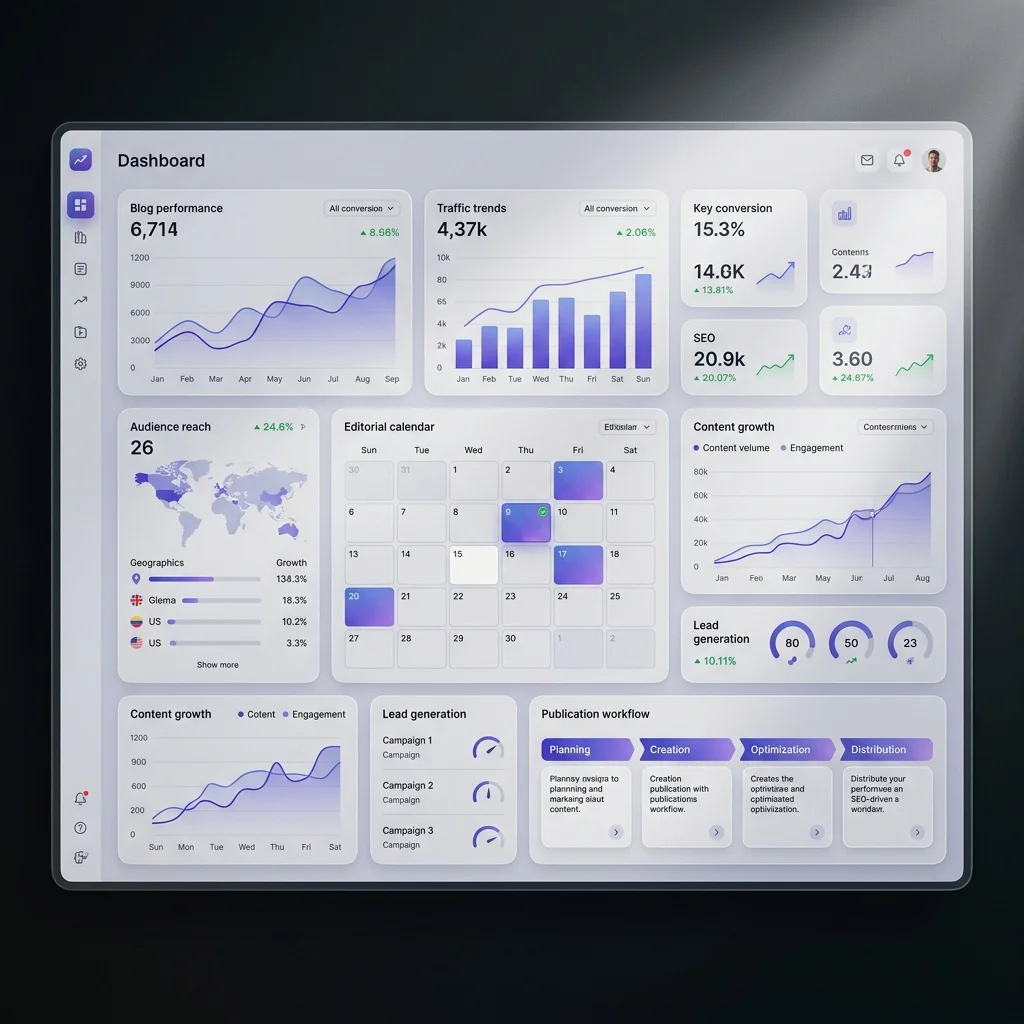 A professional dashboard presenting blog performance, lead generation stats, and content growth trends for transparent analytics and reporting in digital marketing services.