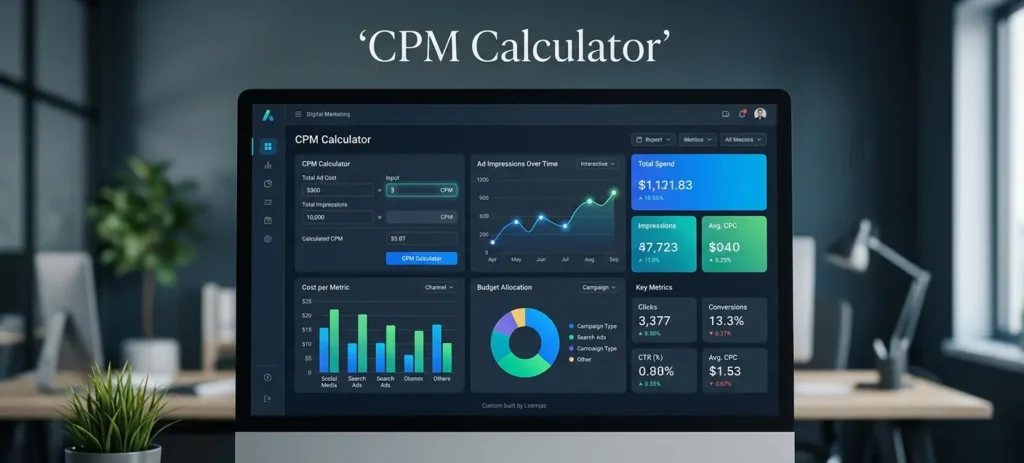 A desk setup in a digital marketing agency features an iMac displaying a dark-themed data dashboard. Titled "CPM Calculator," the dashboard includes various interactive charts, graphs, and a metrics section with key performance indicators like clicks, conversions, and CTR. A potted plant is positioned next to the centered monitor, which is set against a blurred office background.