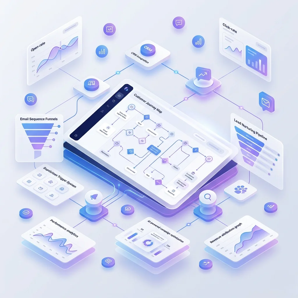 An isometric visualization of a customer journey map, email sequence funnels, and automated trigger systems for specialized email marketing and digital marketing services.