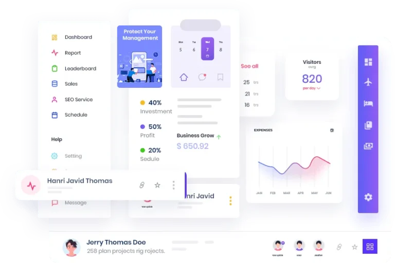 All-in-one digital marketing agency interface for SEO, PPC management, and traffic analysis. Features an ROI calculator view with visitor tracking and project management for full-service marketing.