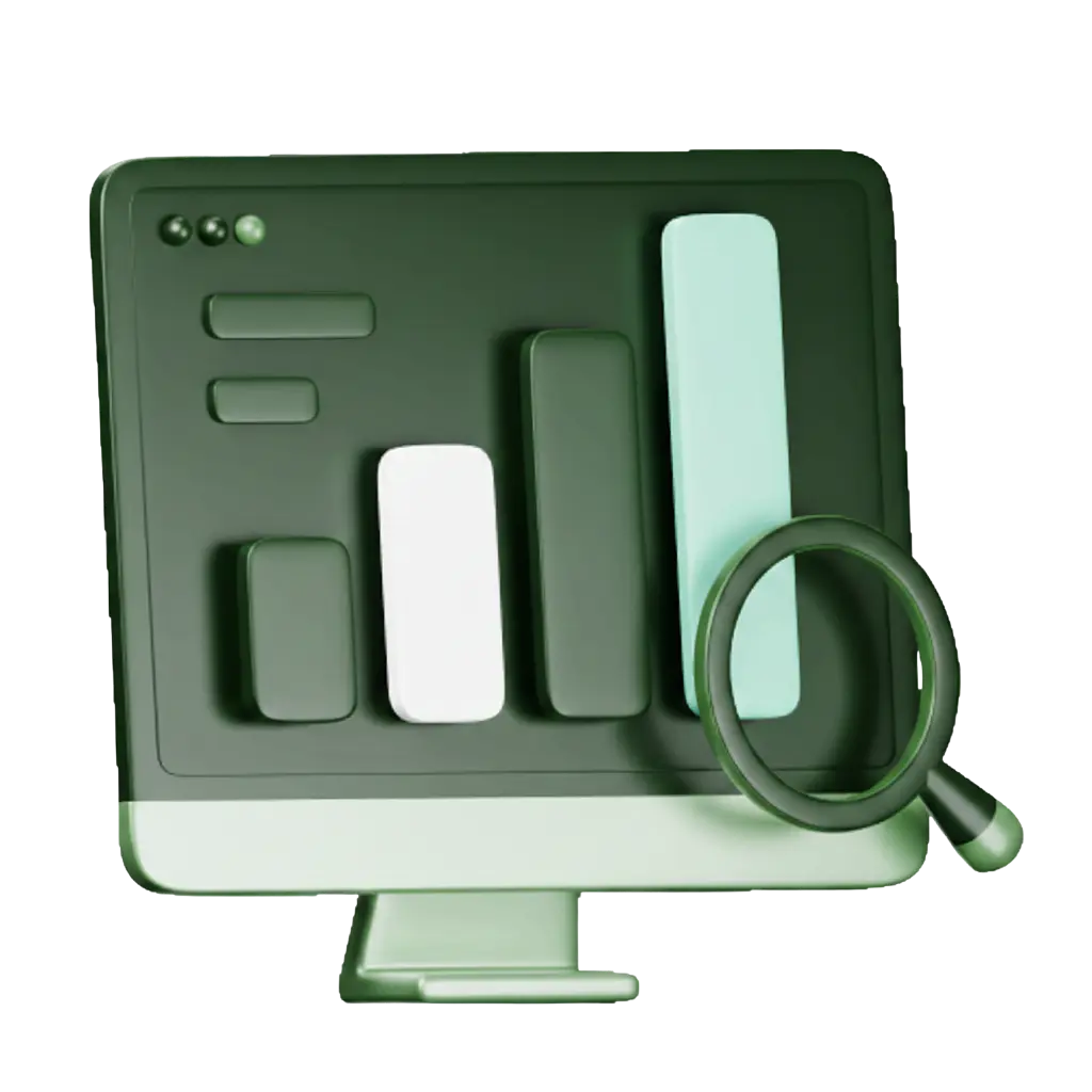 A green desktop monitor with bar charts, data analytics, and business reporting tools, viewed through a magnifying glass for search engine optimization analysis.
